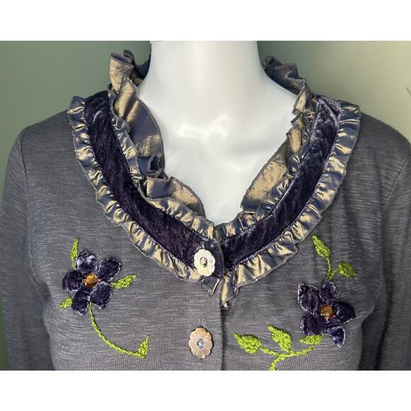 Cordelia Cardigan Sweater Purple Ruffly Embroidery Whimsigoth Artsy Womens M - Picture 3 of 11